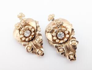 Gold Tone Leaf and Floral Clip On Earrings with Rhinestone and Faux Pearls